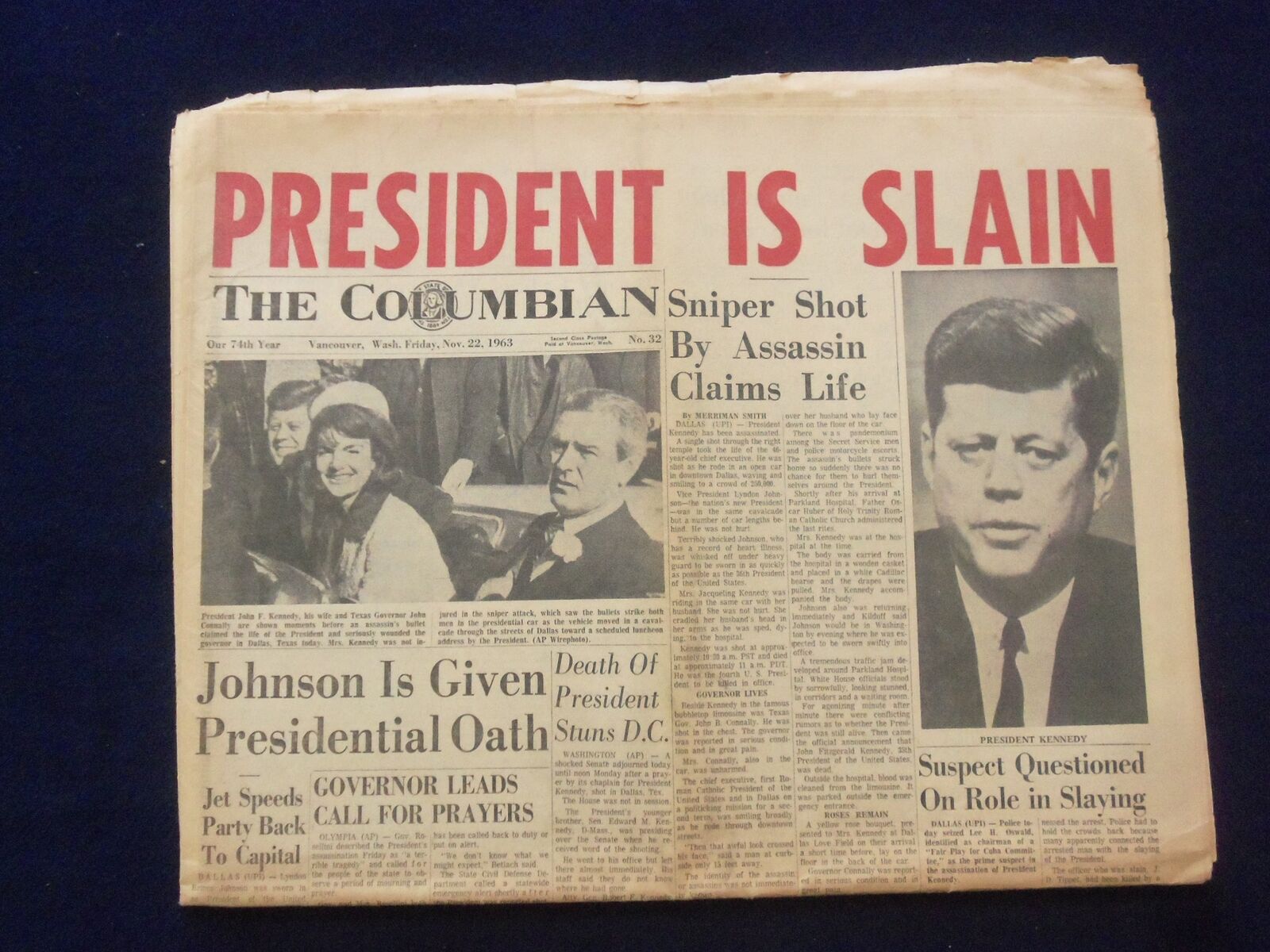 1963 NOV 22 THE COLUMBIAN NEWSPAPER - PRESIDENT IS SLAIN -VANCOUVER, WA- NP 6441