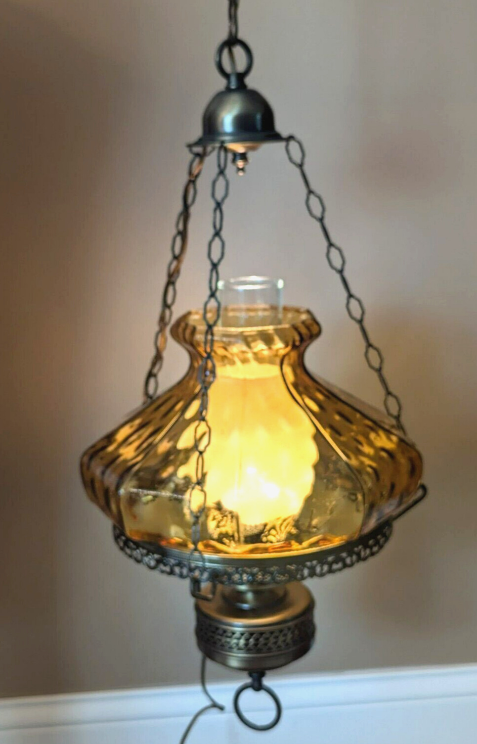 Vintage Hanging Hurricane Chandelier Amber Glass 3 Way Electric Lamp 26 x  12in