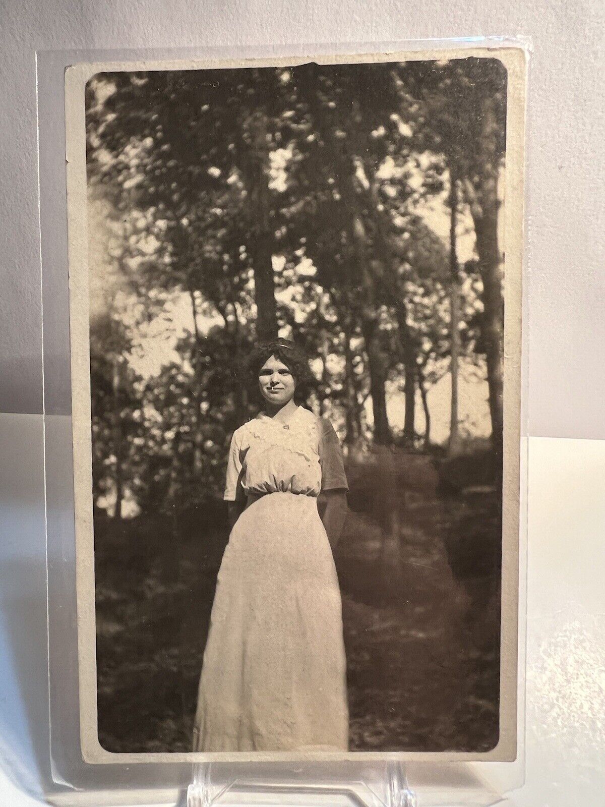 RPPC - Girl Wearing White Dress in the Woods - Vintage Postcard