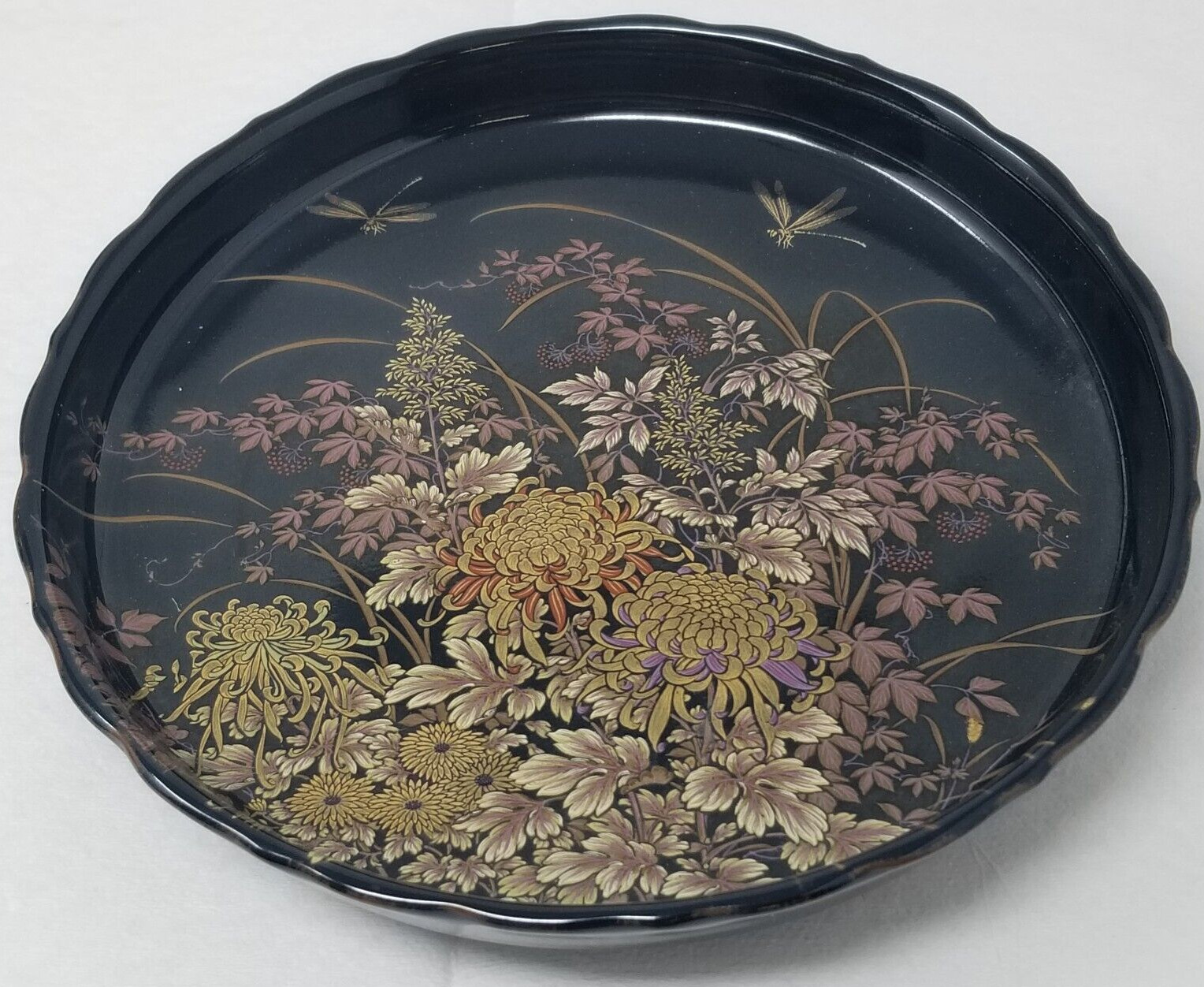 Tenmoku-Kiku Dish Shibata Scalloped Edges Dragonflies Black Porcelain Vintage