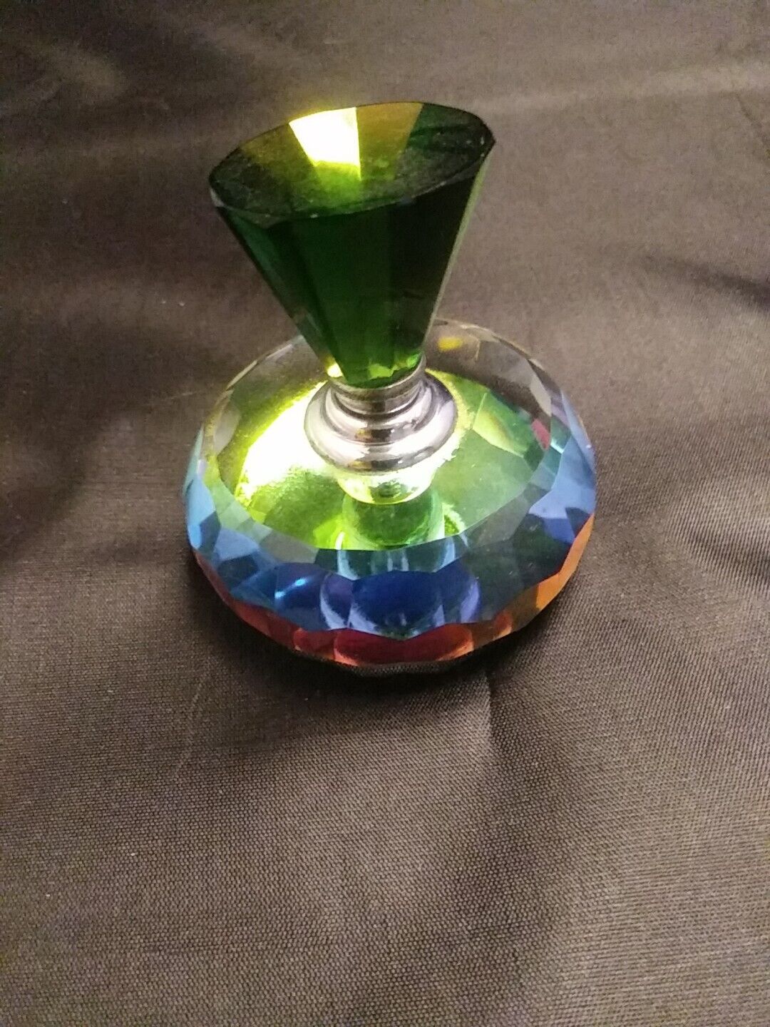 Faceted Glass Rainbow Prism Perfume Bottle With Emerald Green Lid Glass Dauber