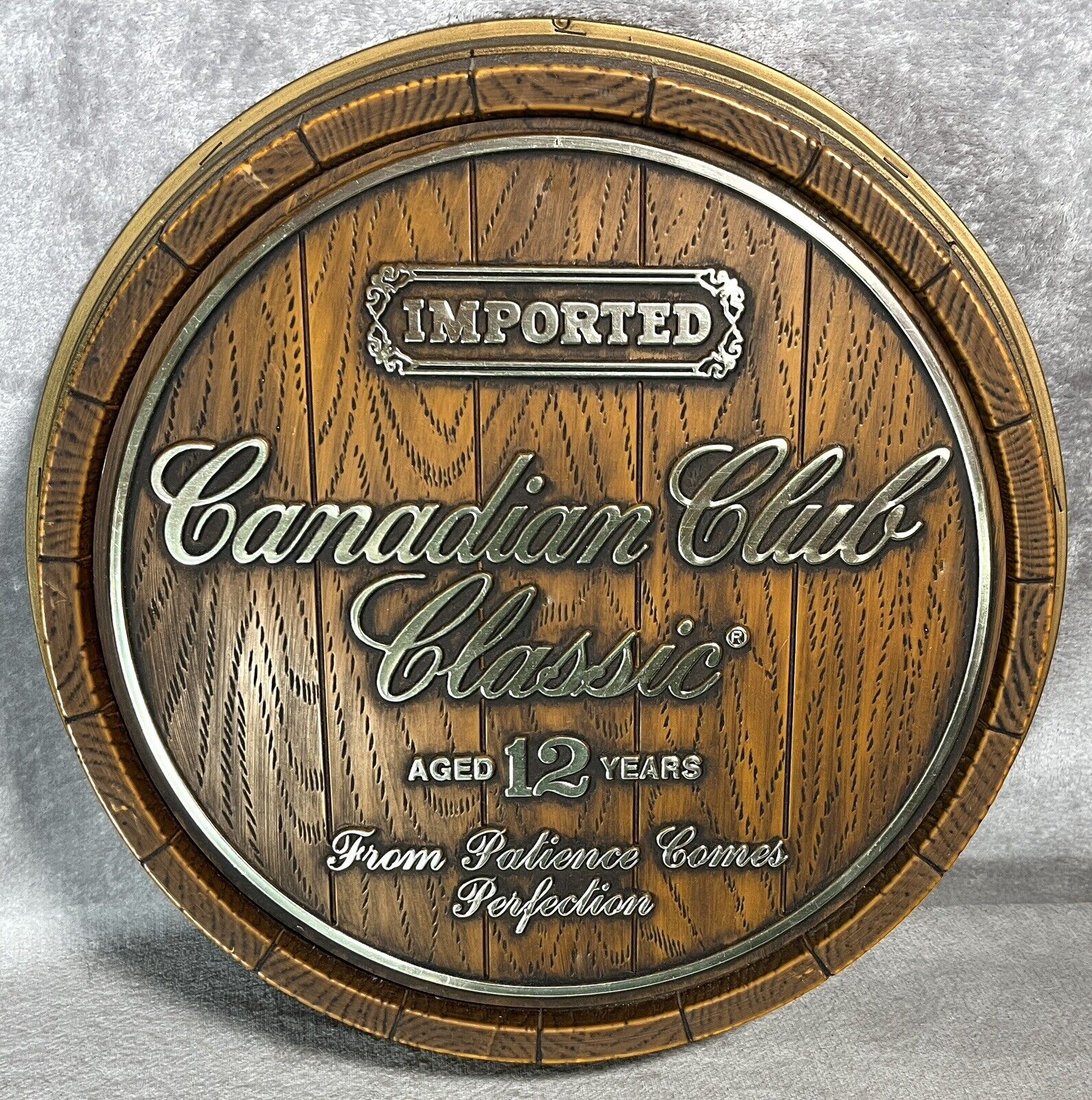 Vintage Canadian Club Classic Keg Barrel End Embosograph Wall Sign Bar Display