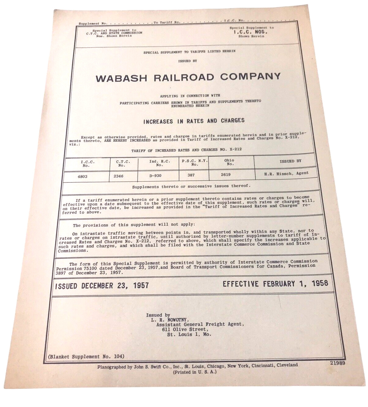 1958 Wabash Railroad Company Increases in Rates and Charges Ephemera Paper