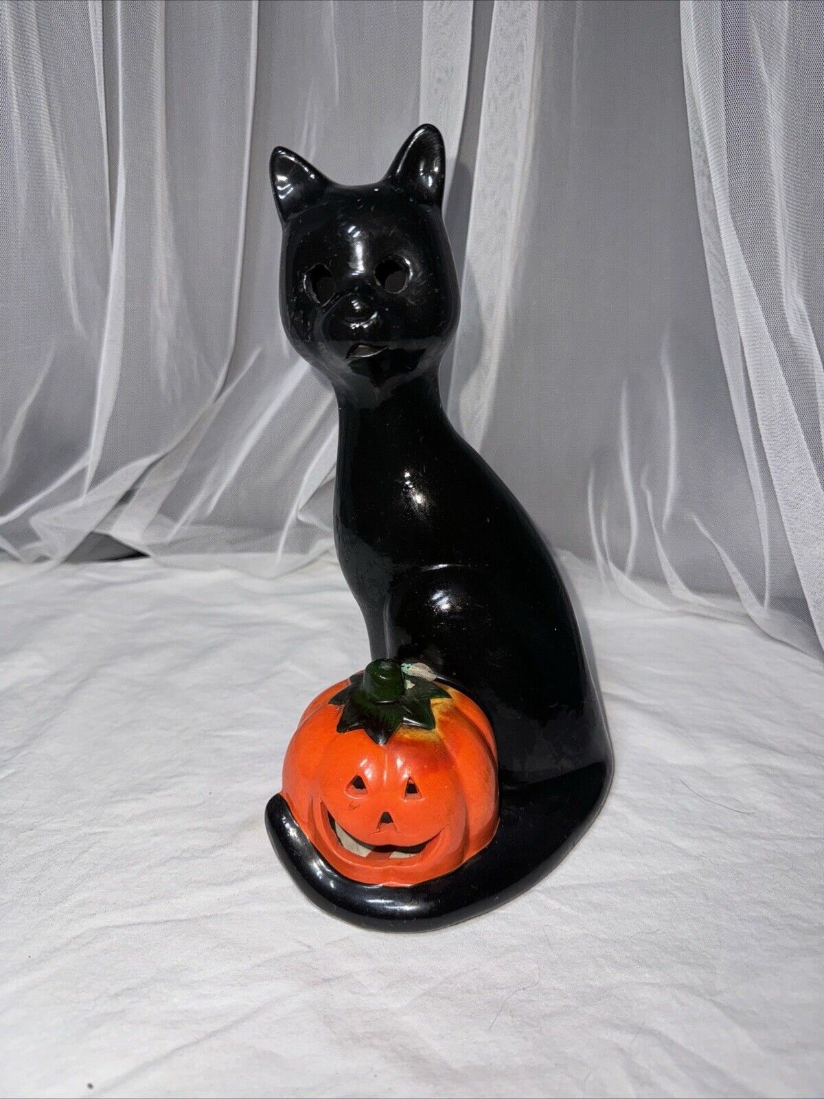 Vintage Black Cat Jack O’ Lantern Halloween T Light  Kitsch MCM
