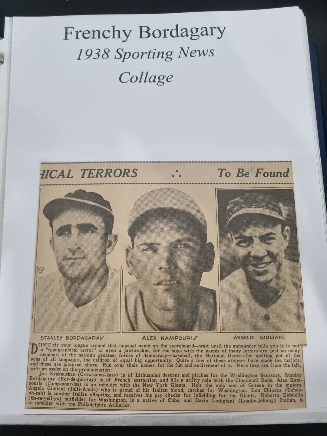 Frenchy Bordagary 1938 Sporting News Vintage Baseball Collage Newspaper Clip