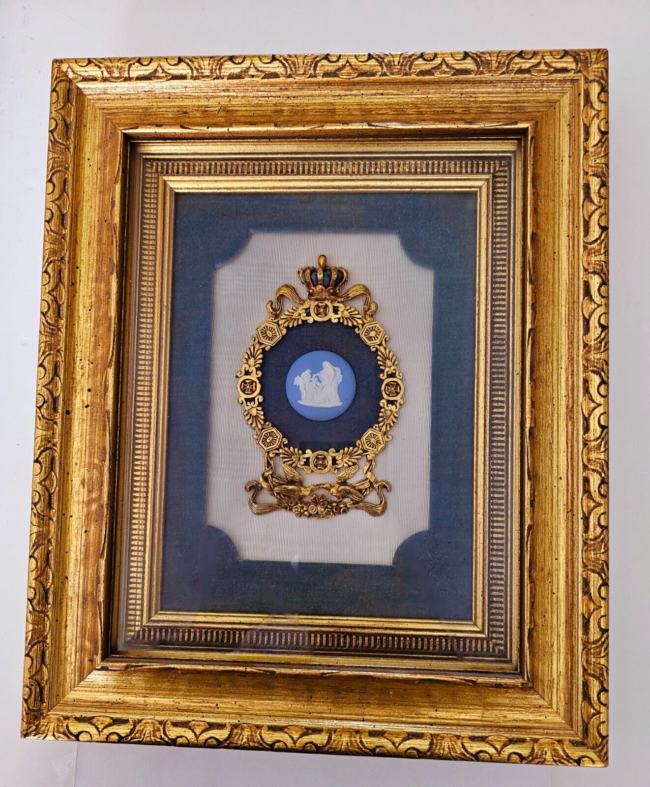 Vintage Wedgwood Framed Blue Jasperware Gold Tone Crown 12x10