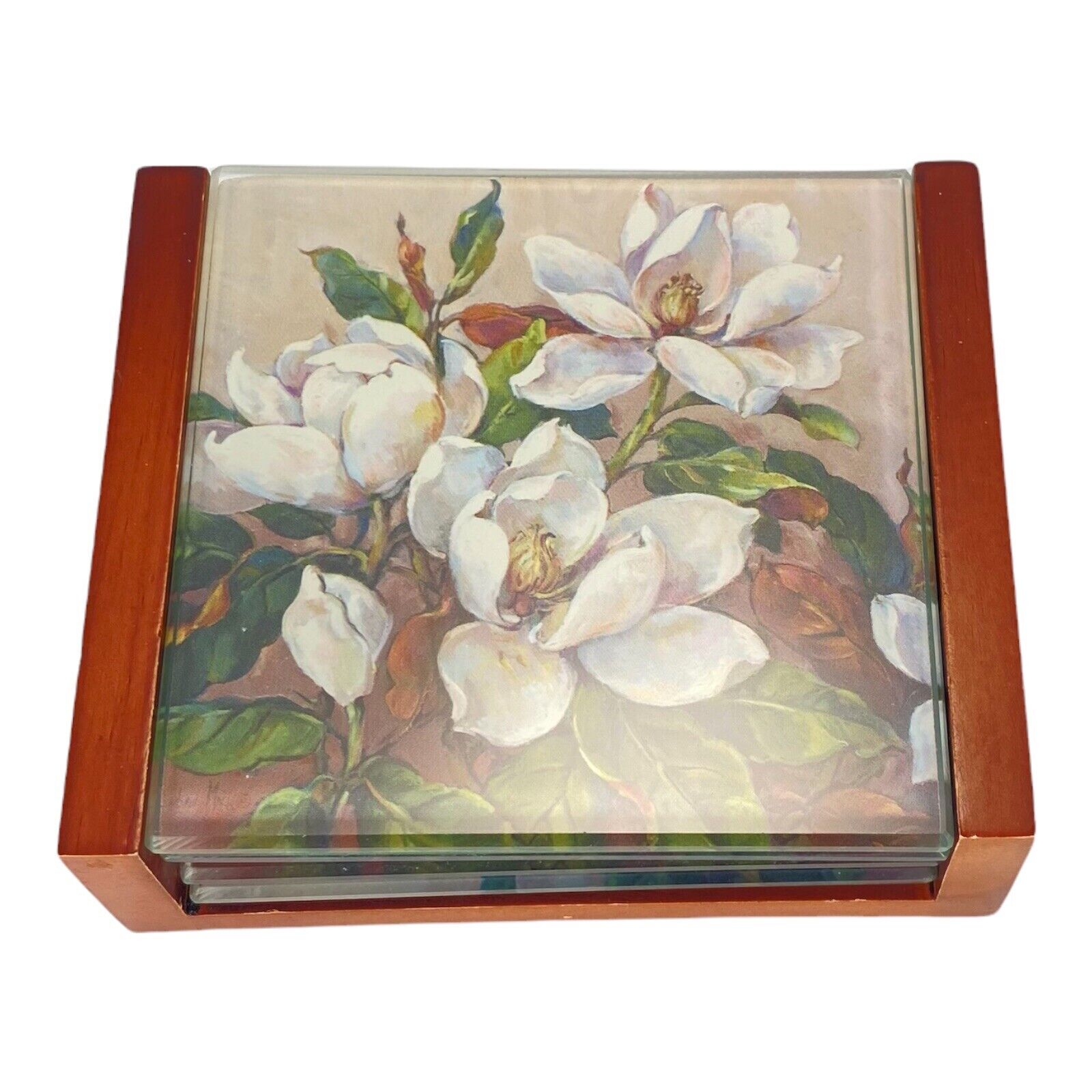 Magnolia Coasters Glass Rubber Feet Wooden Holder Case 3.5” Square Vintange