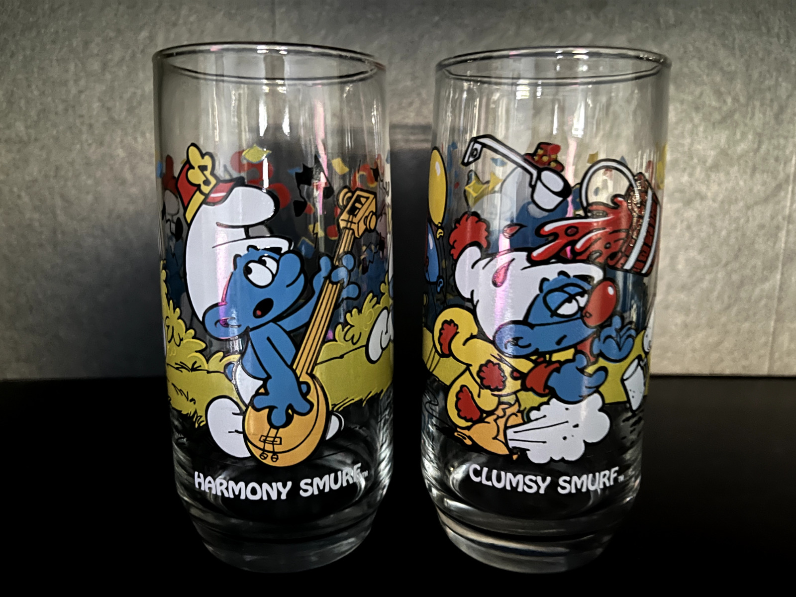SMURFS Peyo Drinking Glasses Set of 2 Hardees 1983 Vintage Excellent Condition
