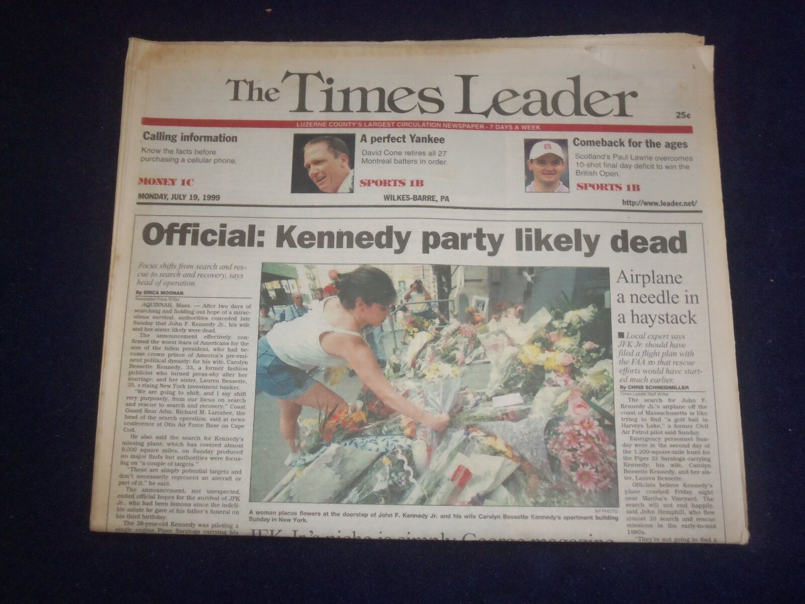 1999 JULY 19 WILKES-BARRE TIMES LEADER - JFK JR. PARTY LIKELY DEAD - NP 8266