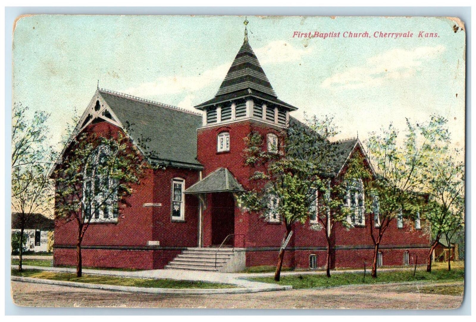 1910 First Baptist Church Exterior Roadside Cherryvale Kansas KS Posted Postcard