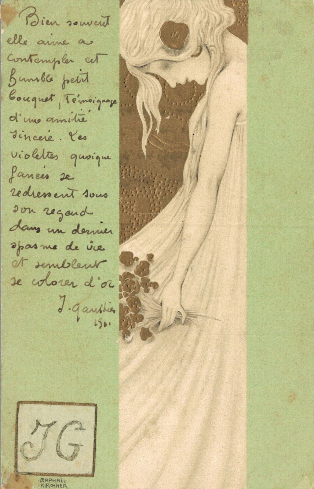 Artist Signed Raphael Kirchner Lady Flowers Gold Vintage Postcard 05.21