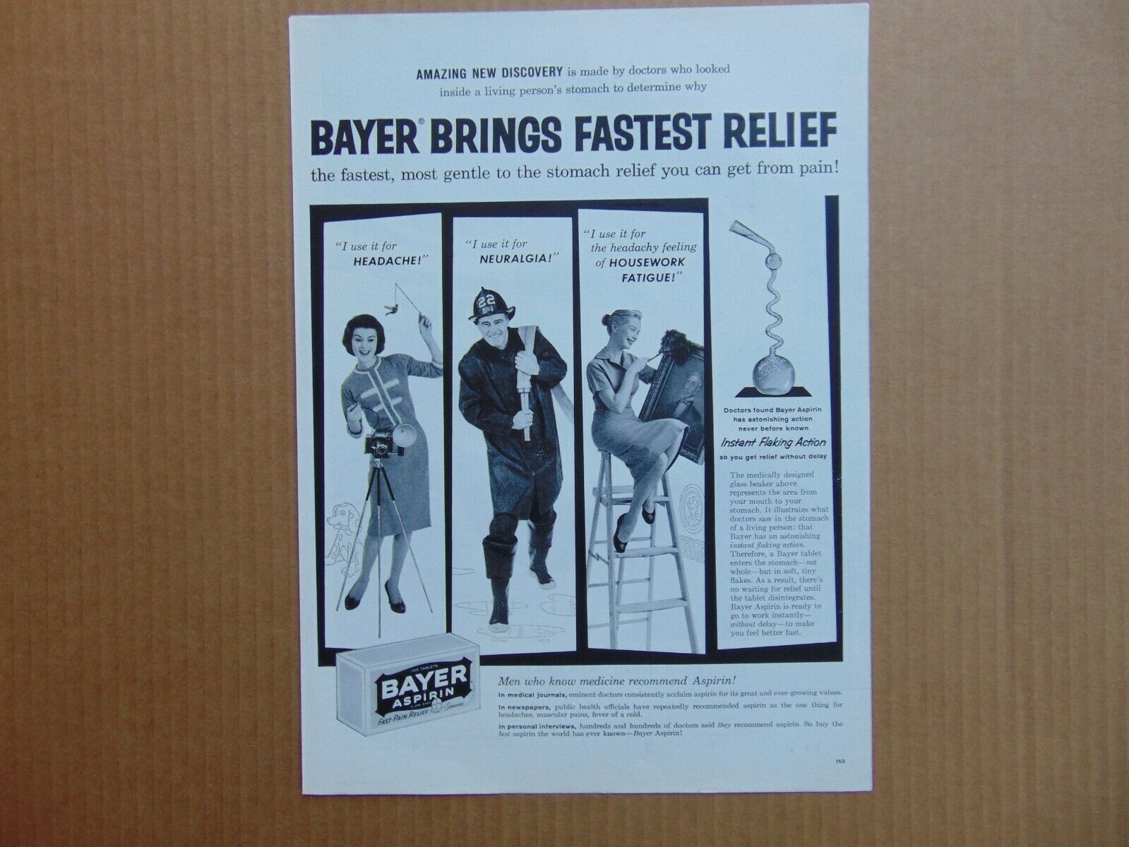 1959 BAYER ASPIRIN BRINGS FASTEST RELIEF FOR ALL LIFES PAINS art print ad 