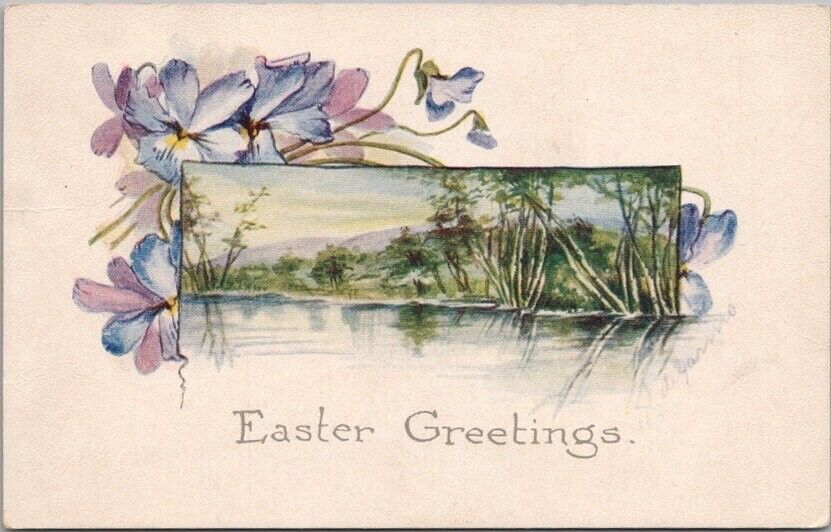 Vintage 1910s EASTER GREETINGS Postcard Blue Iris Flowers / River Scene
