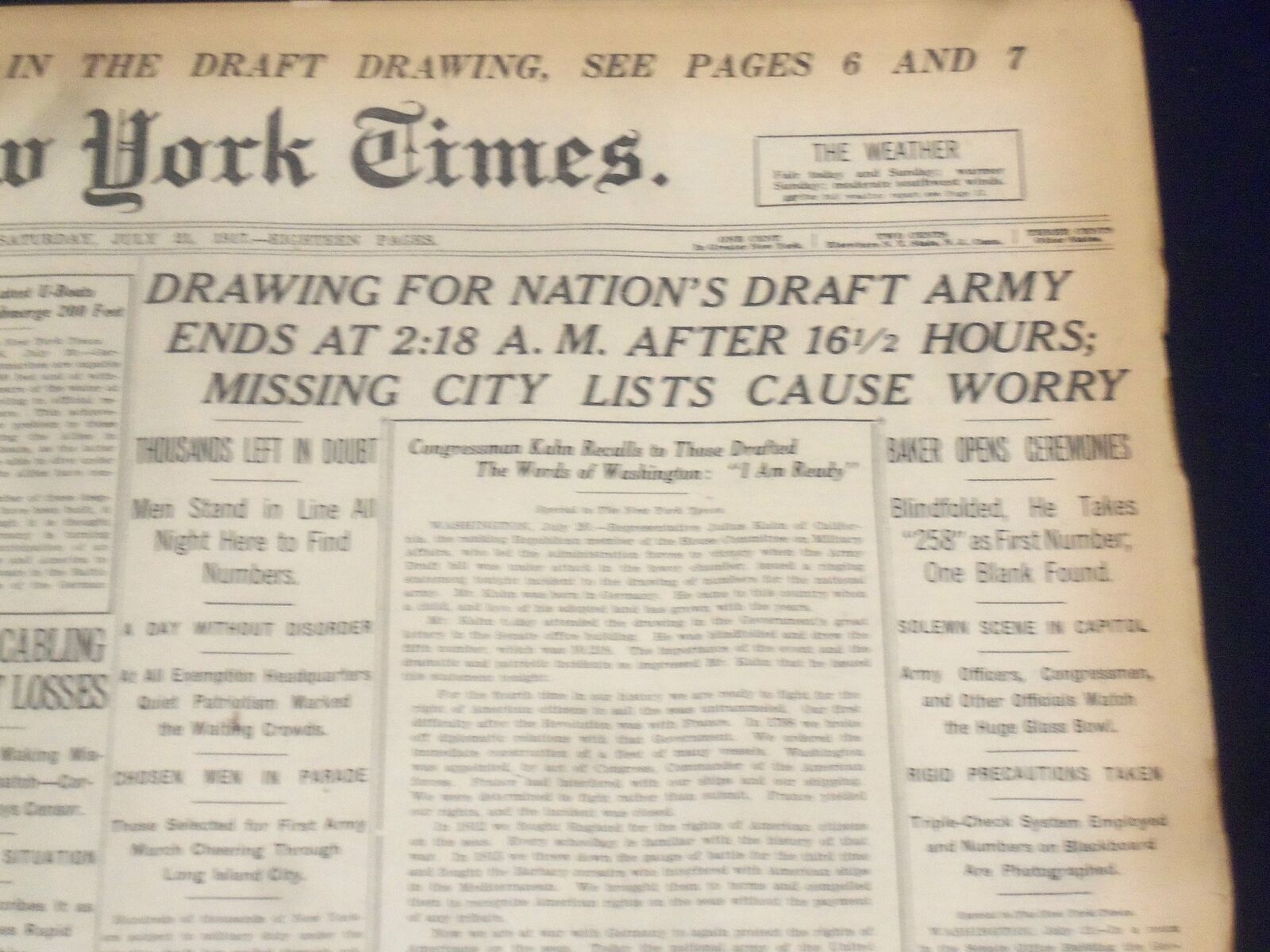 1917 JULY 21 NEW YORK TIMES - DRAWING FOR NATION'S DRAFT ARMY - NT 9317