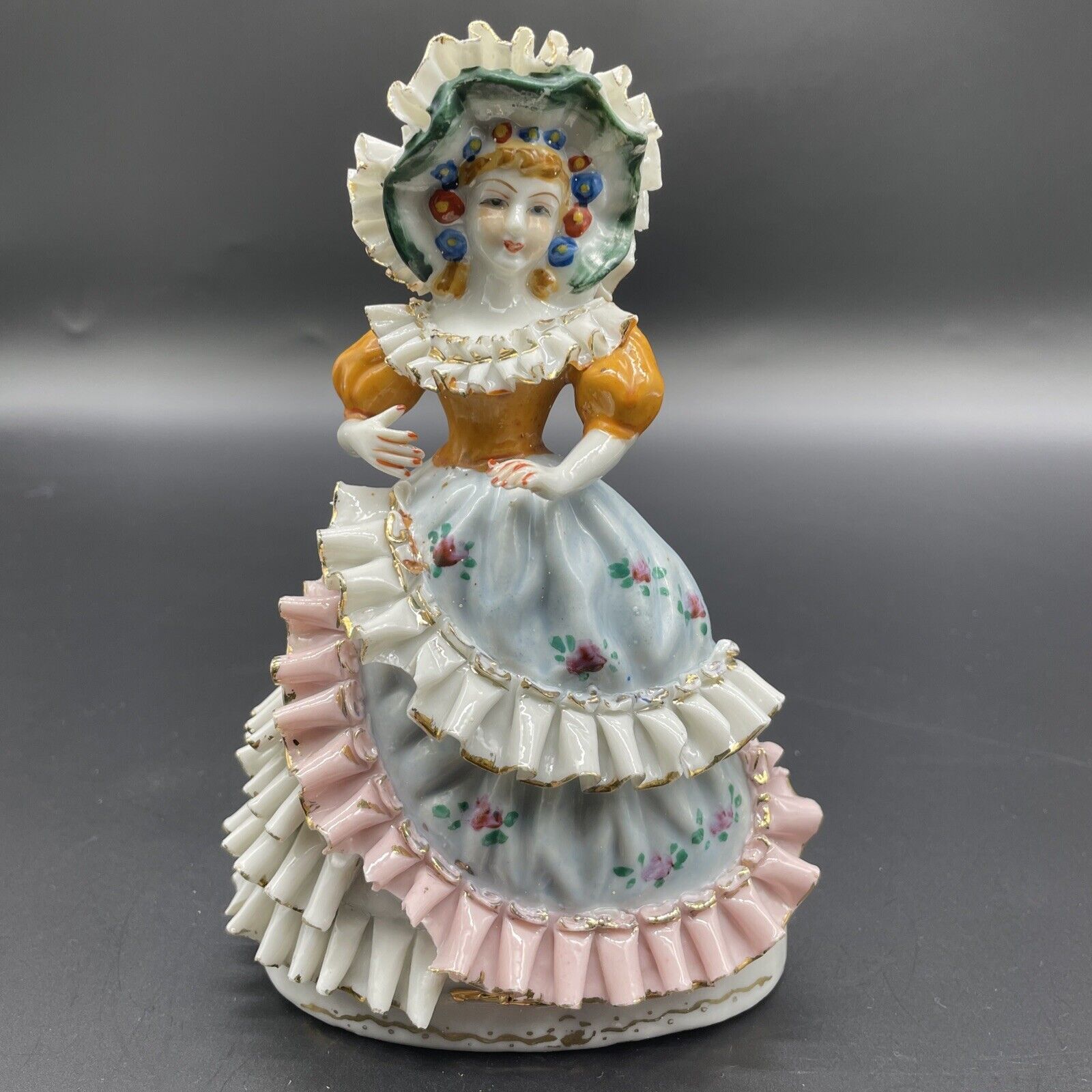Vintage Urion Occupied Japan lady woman figurine handpainted ruffled ball gown