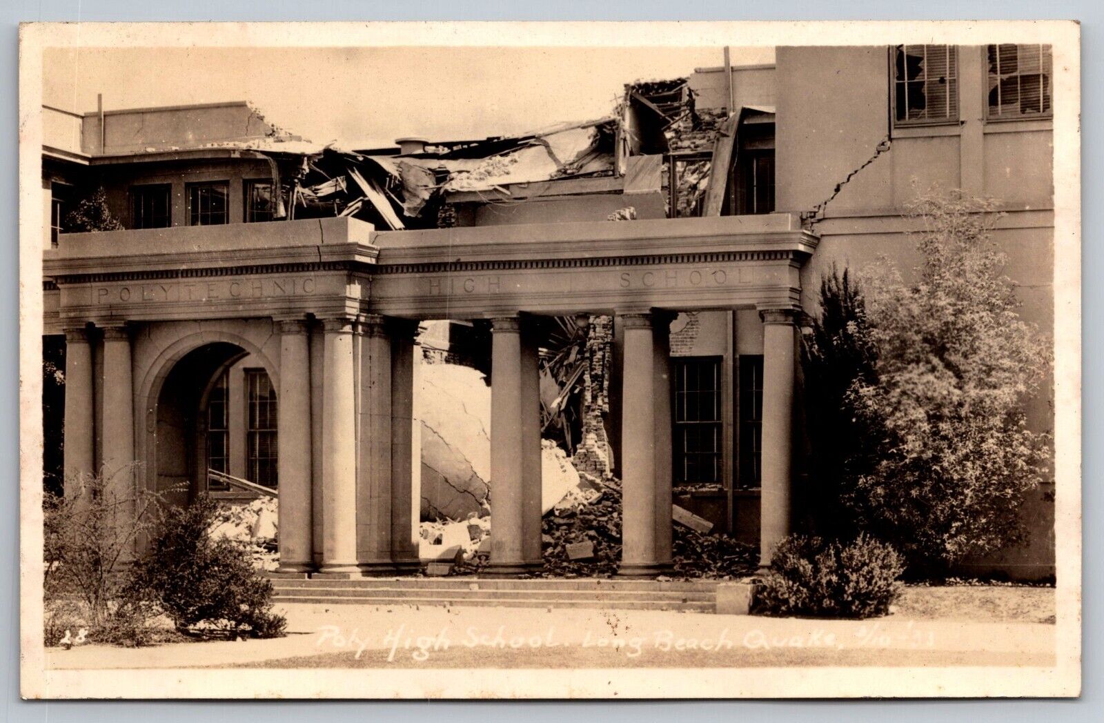 1933 Earthquake. Poly Technic High School. Long Beach Real Photo Postcard RPPC