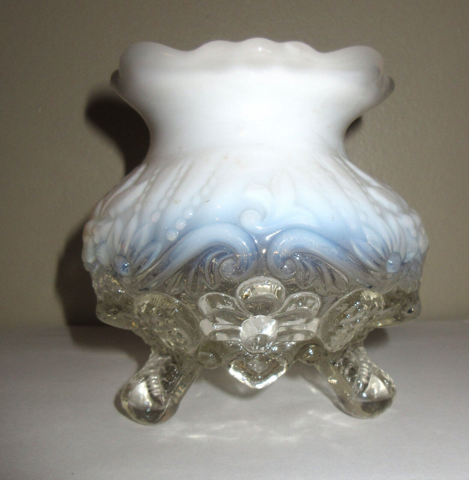 Antique EAPG Sowerby Spittoon Piasa Bird White Opalescent Glass Rose Bowl Footed