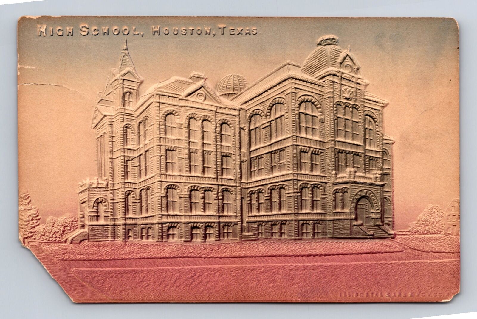 Houston TX-Texas, High School Building, Embossed Air-Brushed, Vintage Postcard