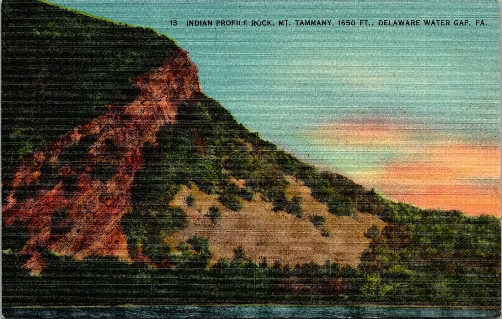 Indian Profile Rock Mt Tammany DE Water Gap PA Linen Postcard PM Pecks Pond WOB