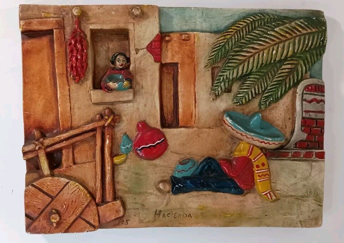 Vintage 1937 Chalkware Wall Hanging Mexican Pueblo Signed R Dell Osso Rare 12x9