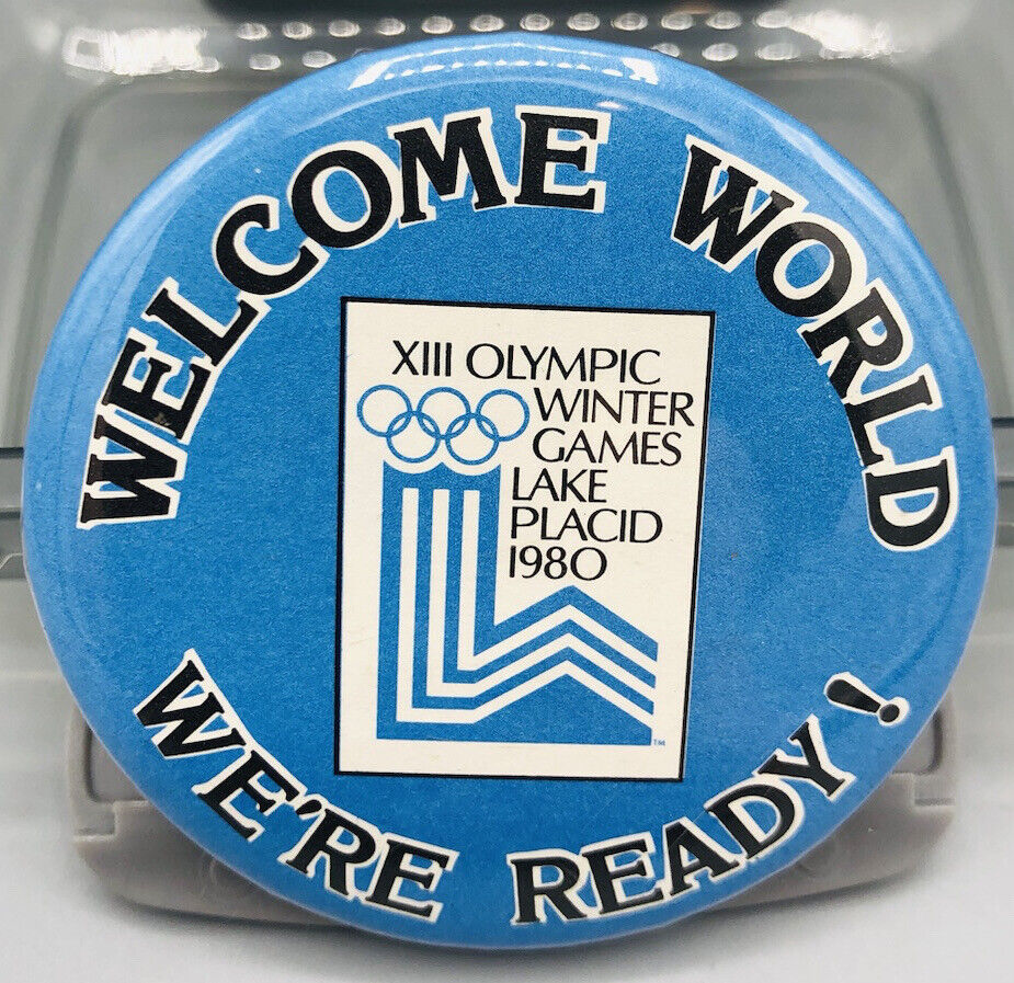 Lake Placid Winter Olympics 1980 2” Pin Button WELCOME WORLD WE’RE READY