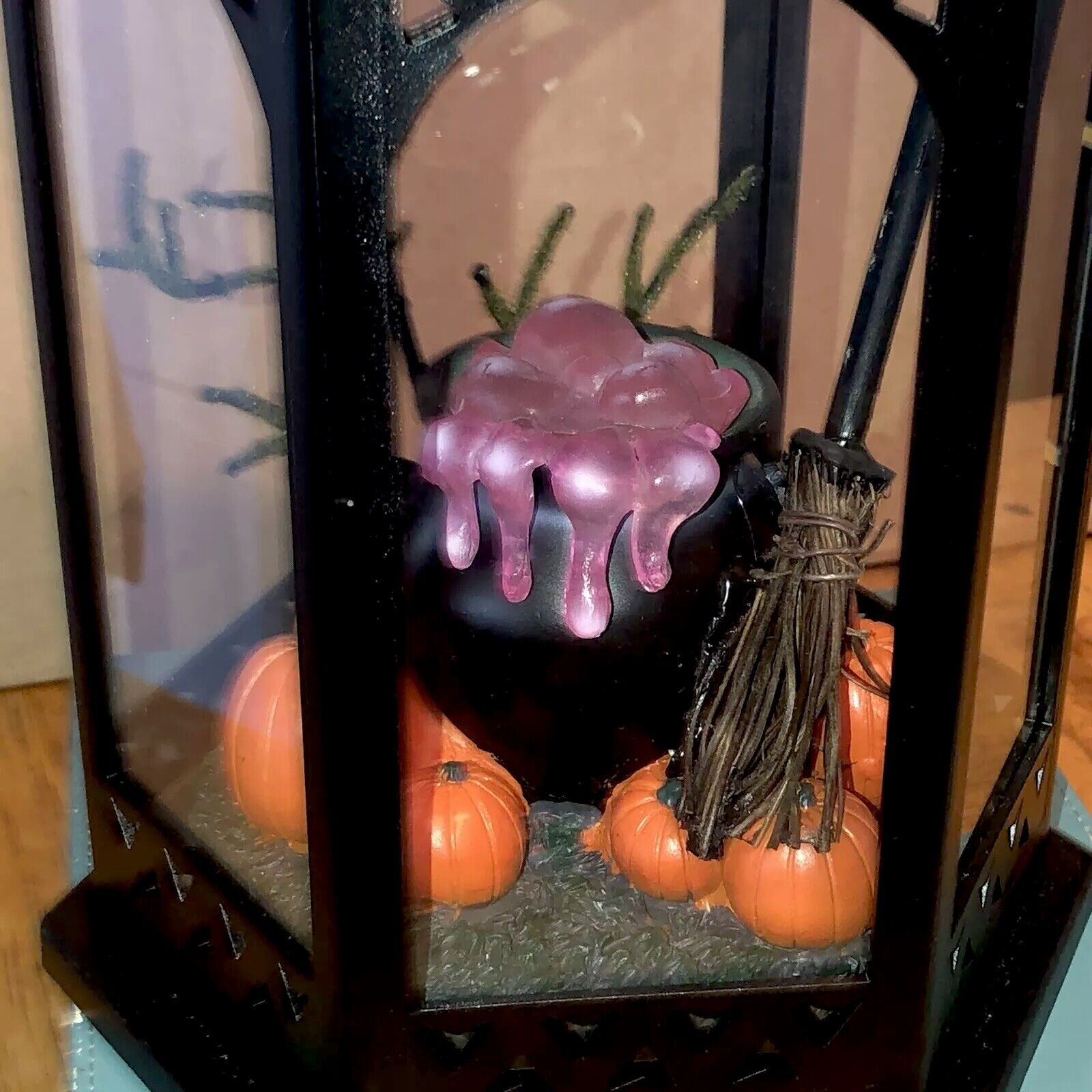 Adorable metal Black lantern encased witches cauldron & broom lighted Halloween