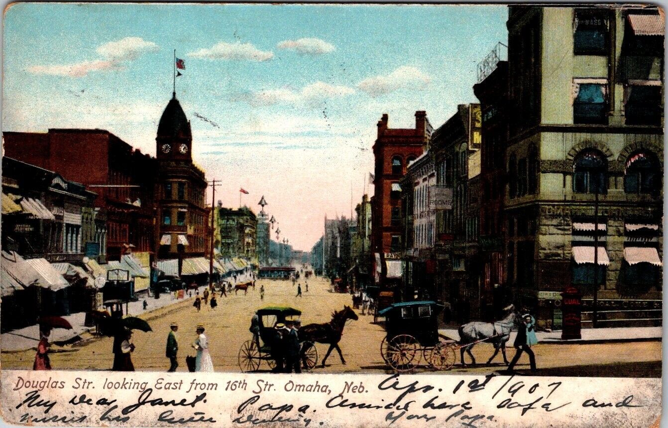 Post Card Omaha NE. 1907 Douglas ST. Looking East From 16TH ST. Undivided Card