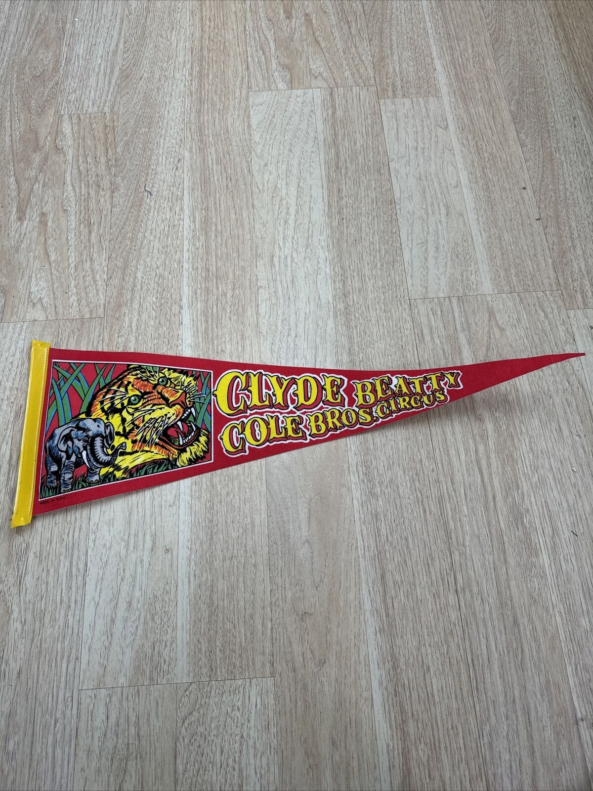 VINTAGE CLYDE BEATTY COLE BROS. CIRCUS PENNANT, 26” Long X 10” Tall. Blue/Yellow