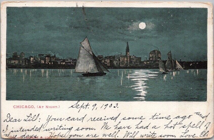 1903 CHICAGO Illinois Postcard Night-Time Harbor Scene / Sailboats / Full Moon