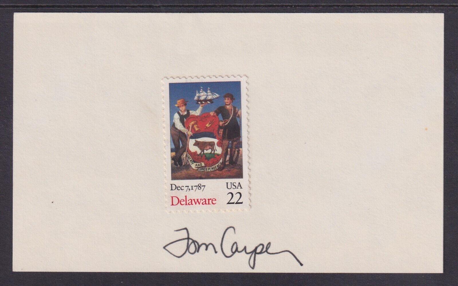 Tom Carper (1947-), US Senator, Delaware Governor, signed 3x5 card with DE stamp