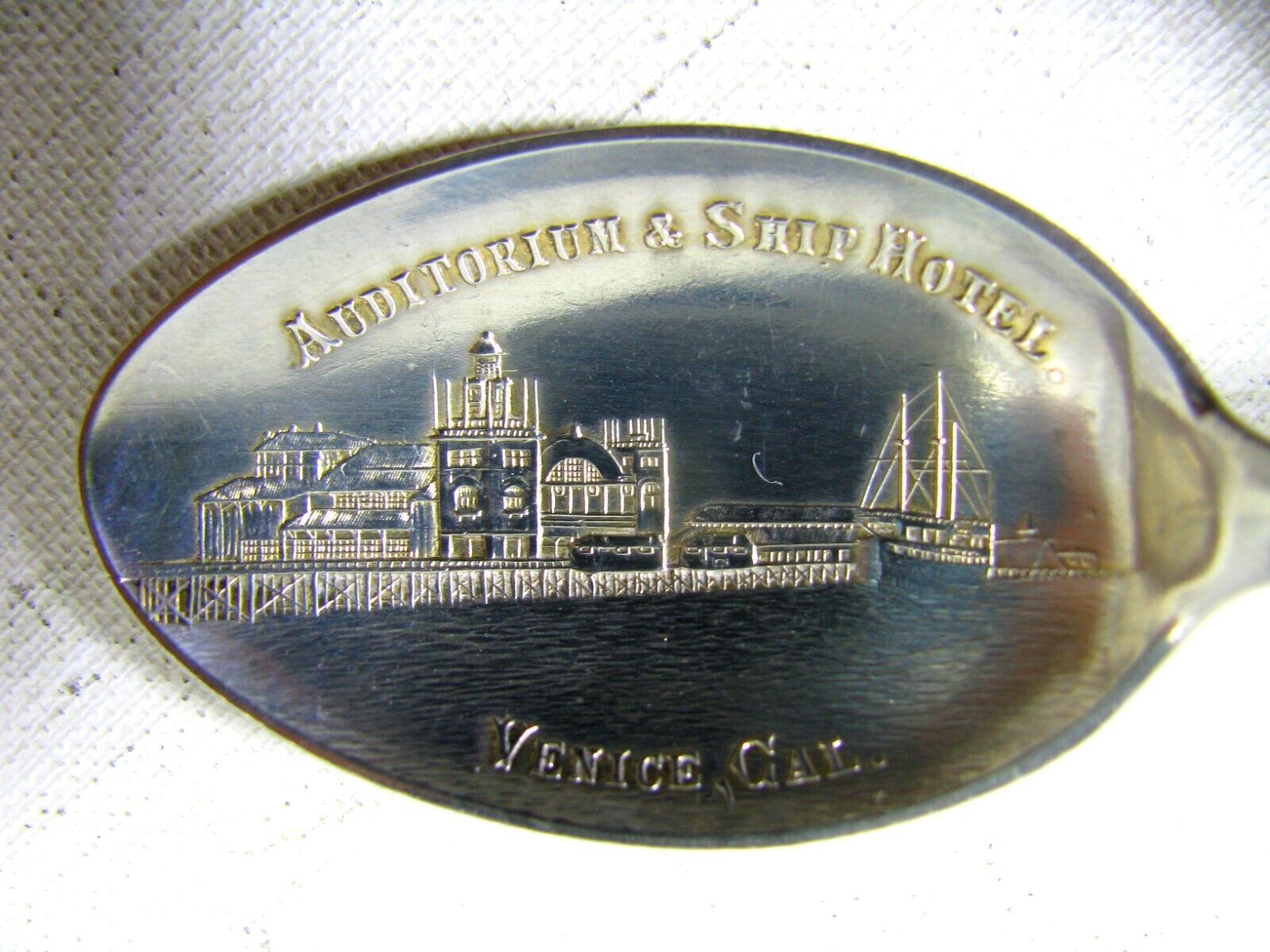 Venice CA Sterling Silver Souvenir Spoon of Auditorium & Ship Hotel c. 1910