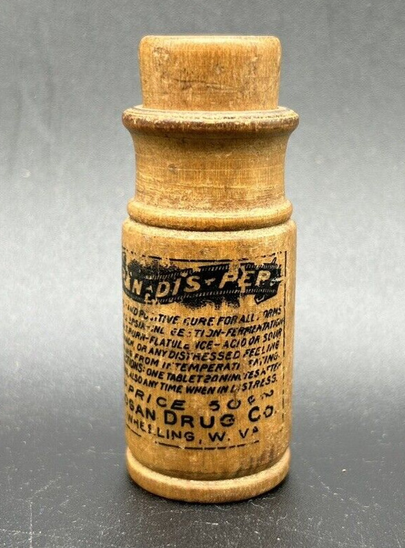 Antique Empty Wooden Pill Bottle & Lid, Pan-Dis-Pep, Logan Drug, Wheeling, WV