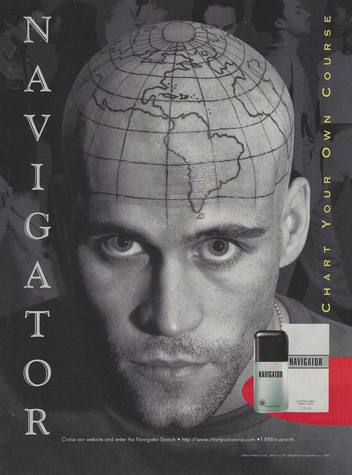1997 Navigator Mens Cologne Bald Man With Globe Tattoo On Head Vintage Print Ad