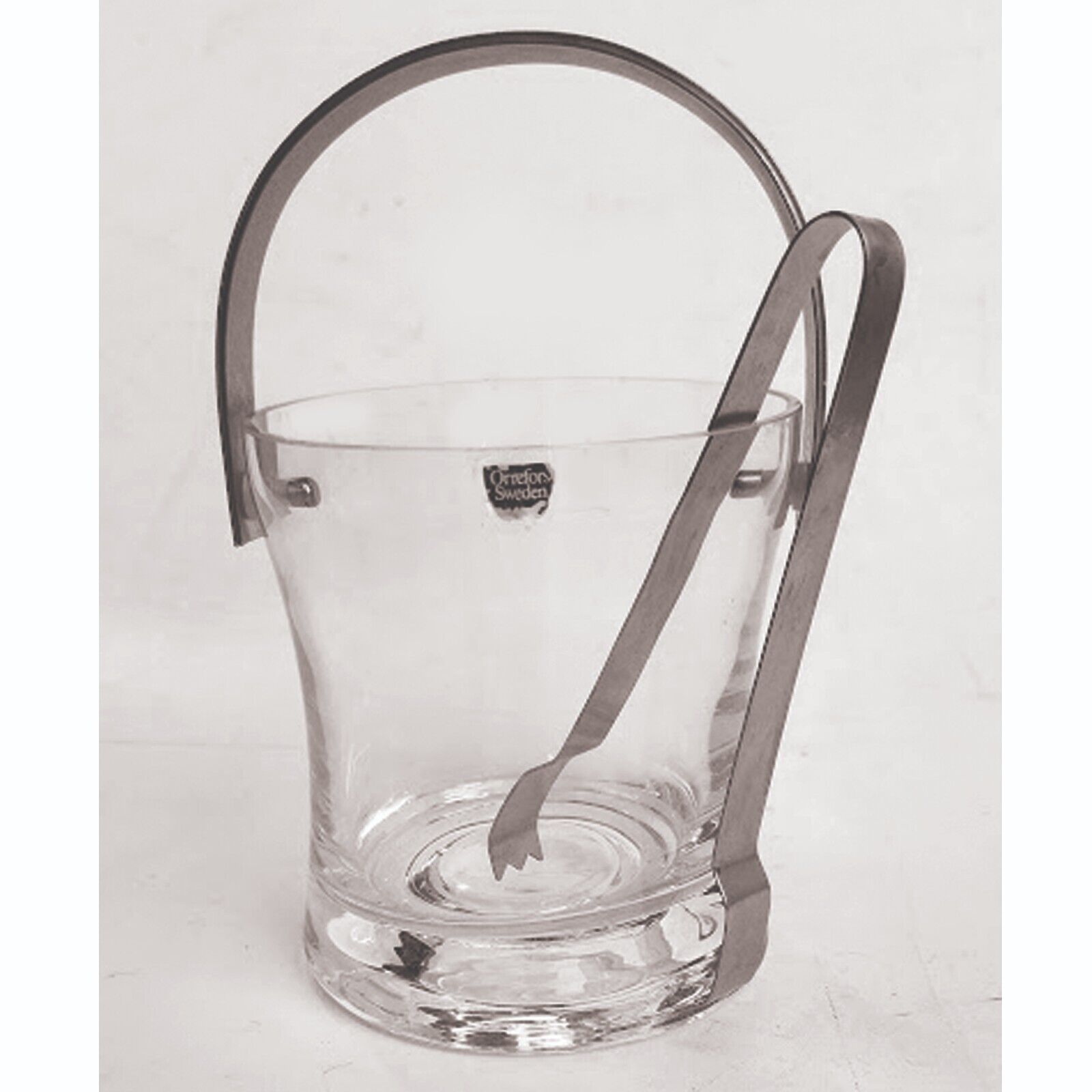 ORREFORS Vintage Glass Ice Bucket +  Tongs 1970's MINT  With Sticker Tag SWEDEN