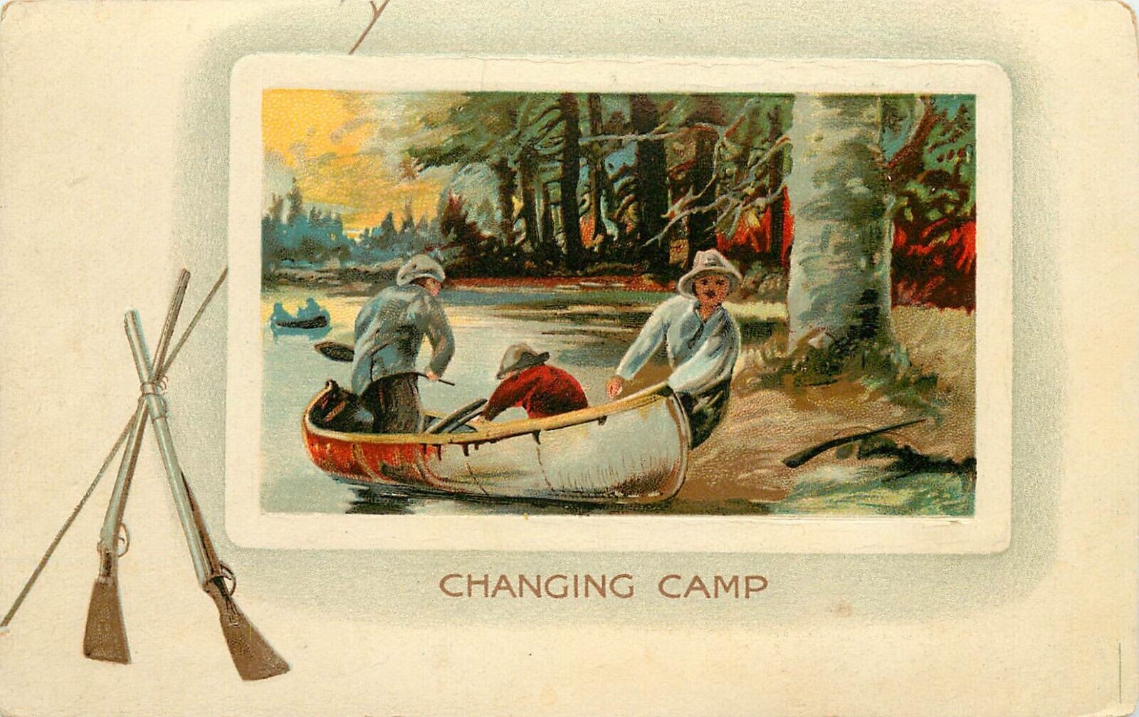 Art Postcard Changing Camp Men Portage Canoe Rifles BB London E-82