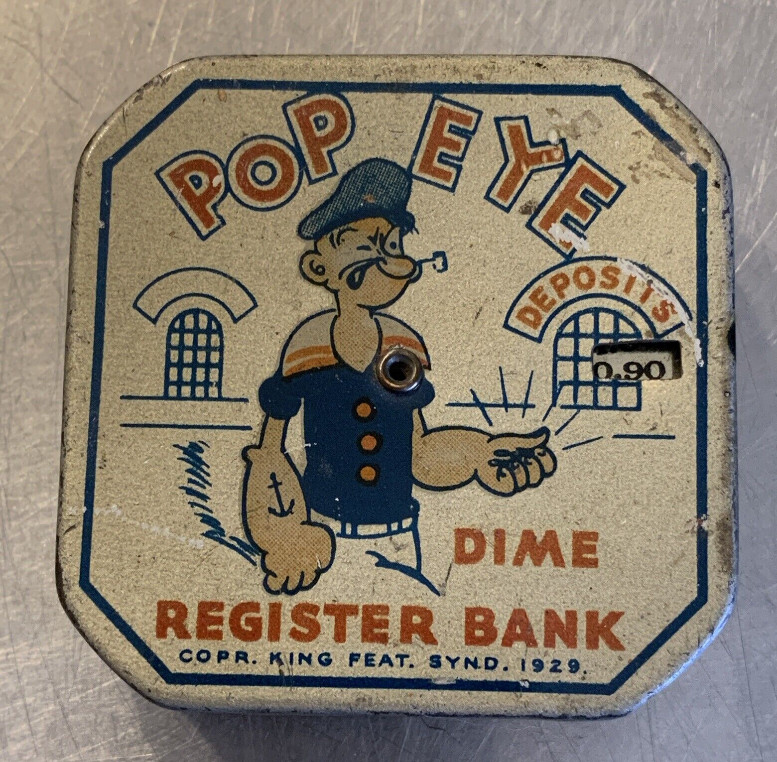 VINTAGE Popeye Dime Register Bank - King Features Syndicate (1929) Silver Litho