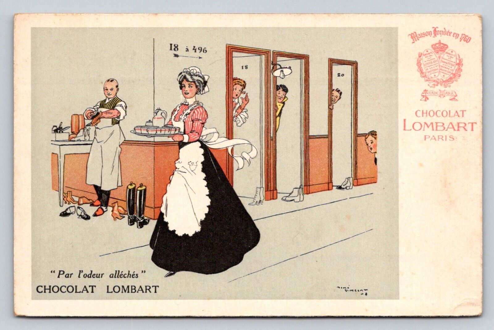 c1910s Chocolat Lombart Woman Waitress Customers Bartender P701