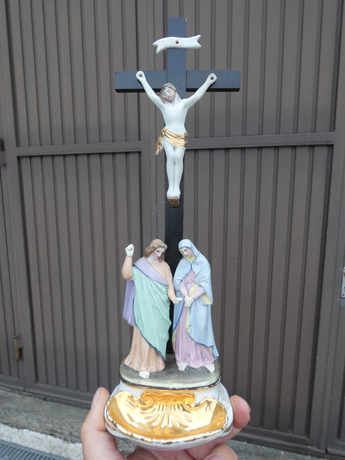 Antique Belgian Vieux andenne bisque porcelain calvary crucifix holy water font