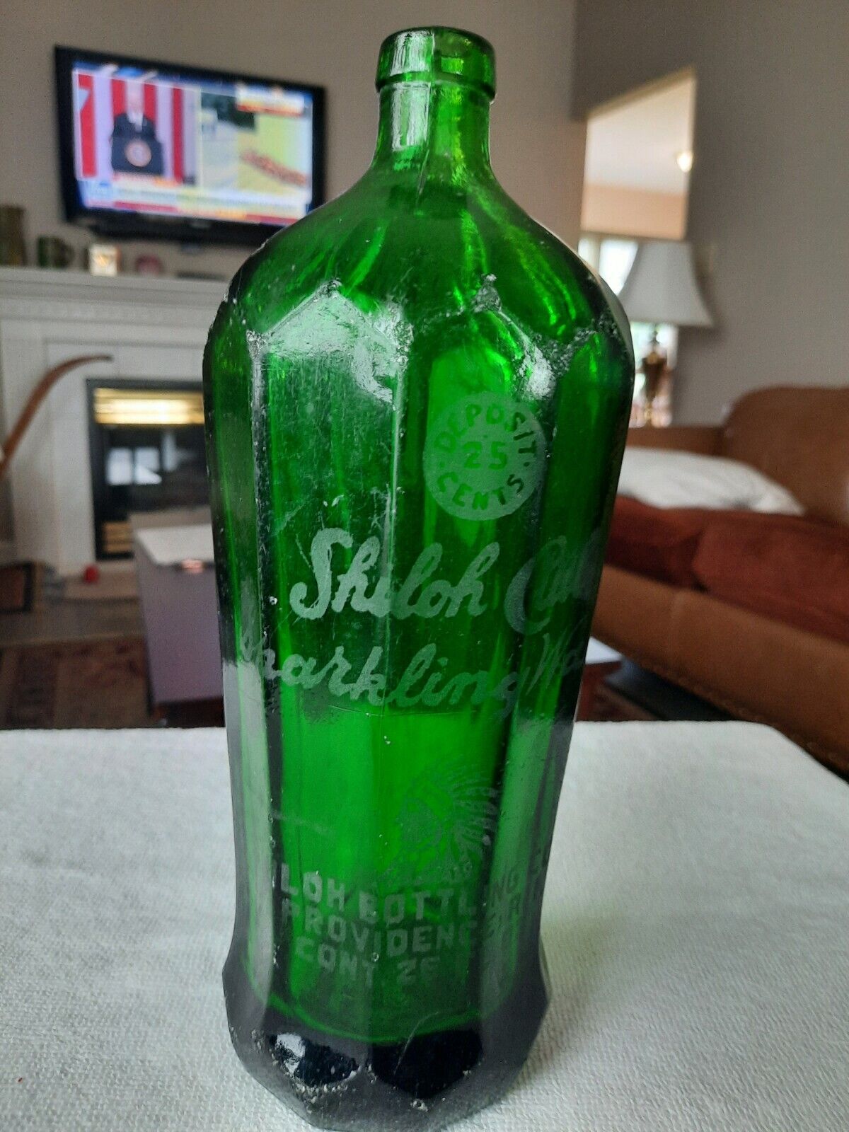 HTF Antique SHILOH CLUB Sparkling Water GLASS BOTTLE Dark Green INDIAN CHIEF 