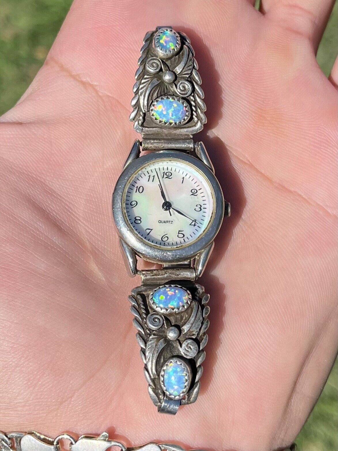 Vintage Native American Navajo Sterling Silver Opal Ladies Watch Tips