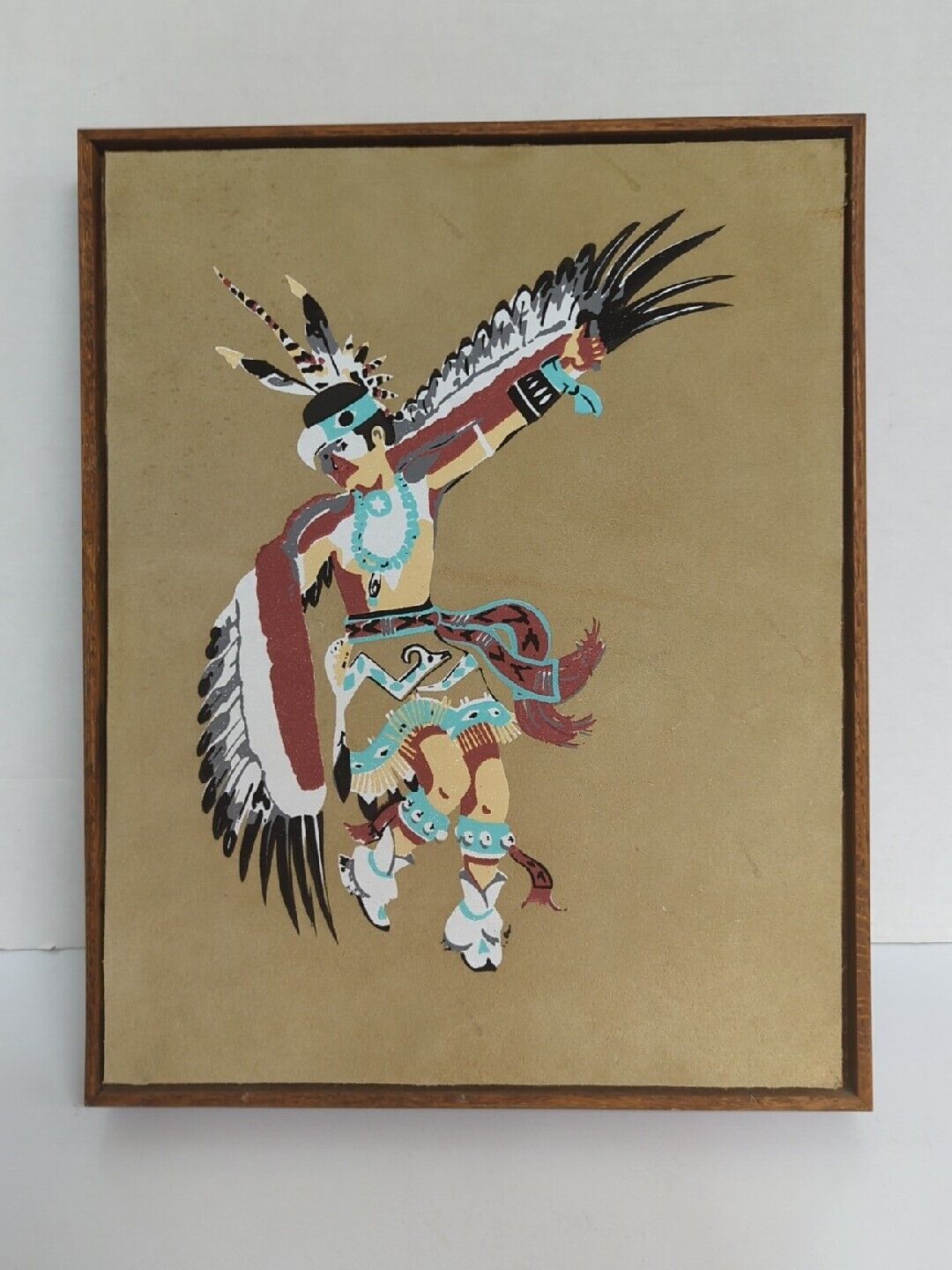 Vtg Navajo Art Painting Over Leather The Eagle Dance Ceremony  12X15