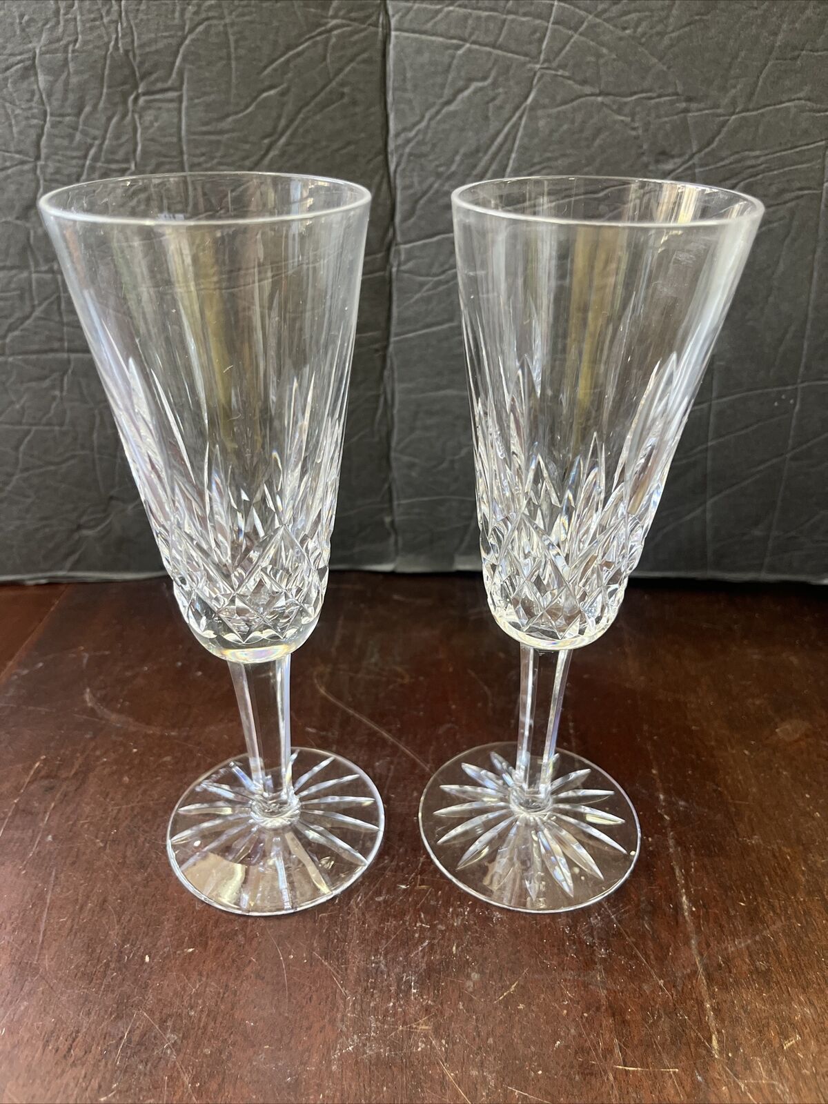 2 Waterford Ireland Lismore Crystal 7.25” Champagne Flutes Stems Glasses Signed 