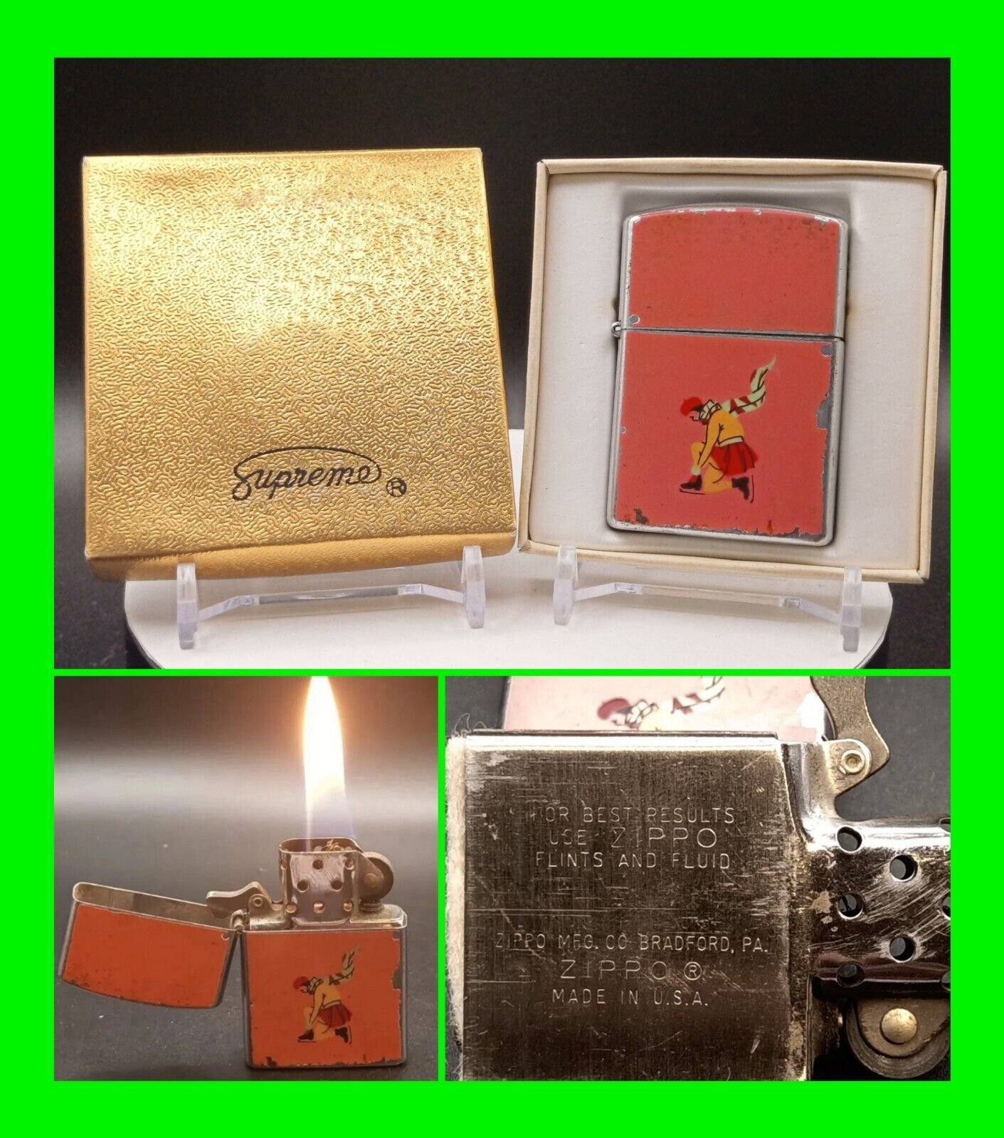 Unique Vintage Enamel Petrol Supreme Lighter With Zippo Insert And Box - Working