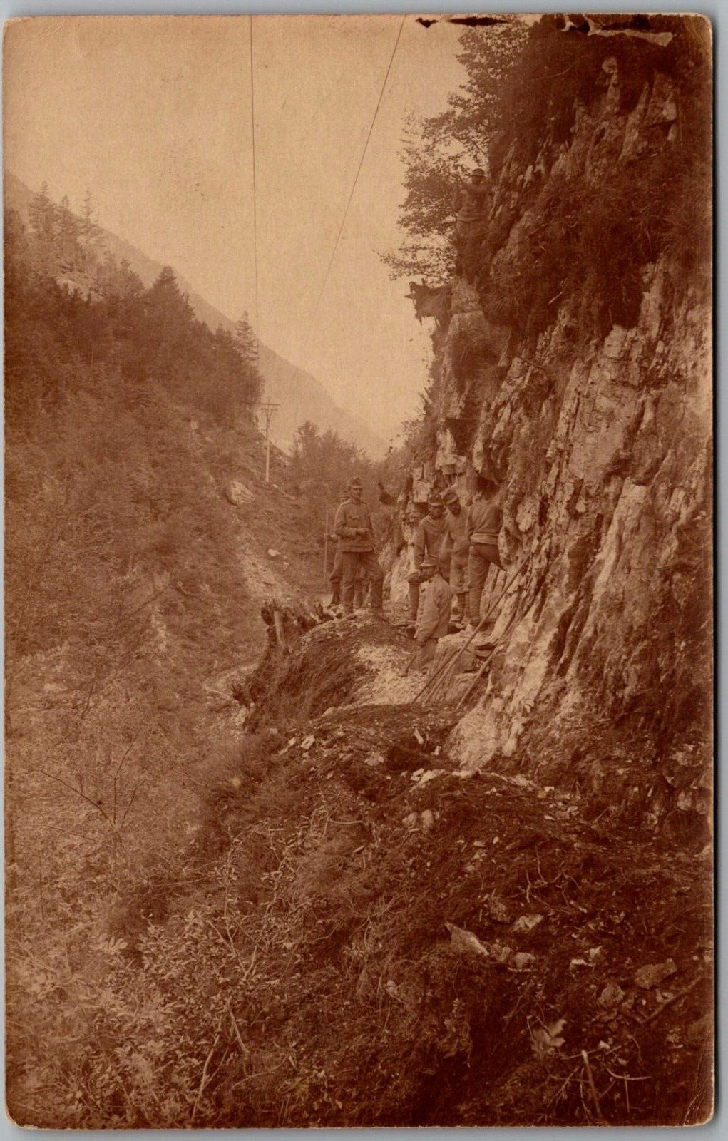 Postcard Austrian Soldiers? Hiking/Building Side of a Mountain/Hill RPPC WW1? Ew