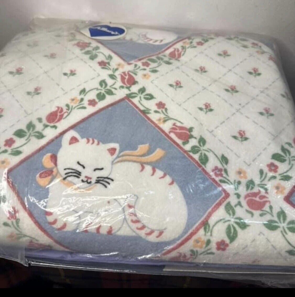Vintage St. Mary’s Country Cat Full  Or Twin 72 X 90 Pink White Blue Blanket