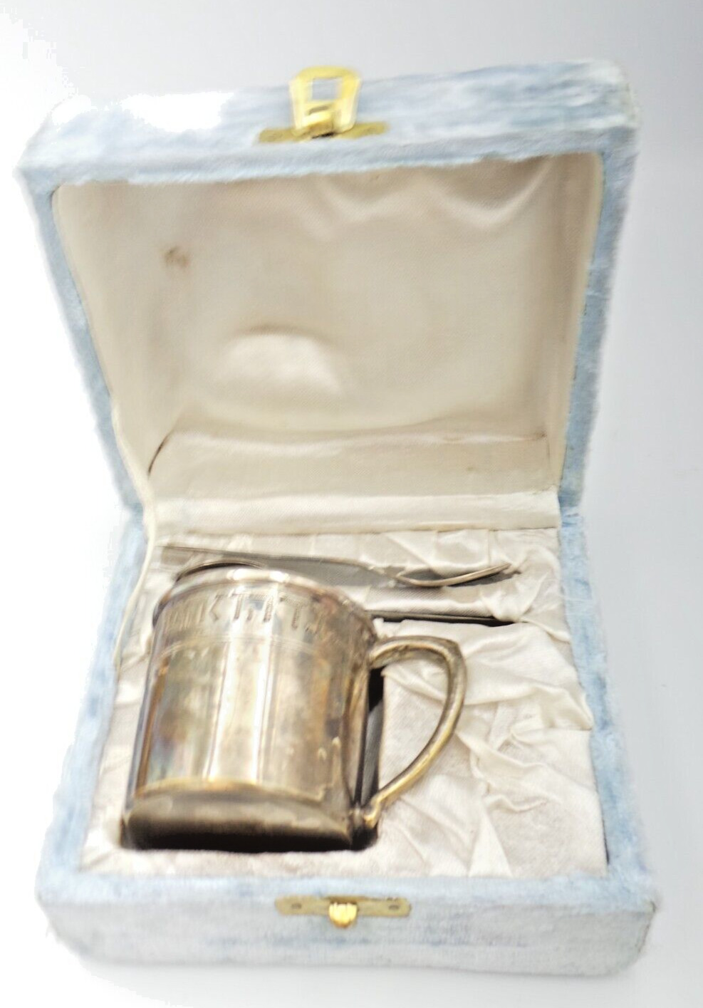 Rare Vintage Engraved Silver plate Alphabet Judaica cup spoon&fork child Kiddush