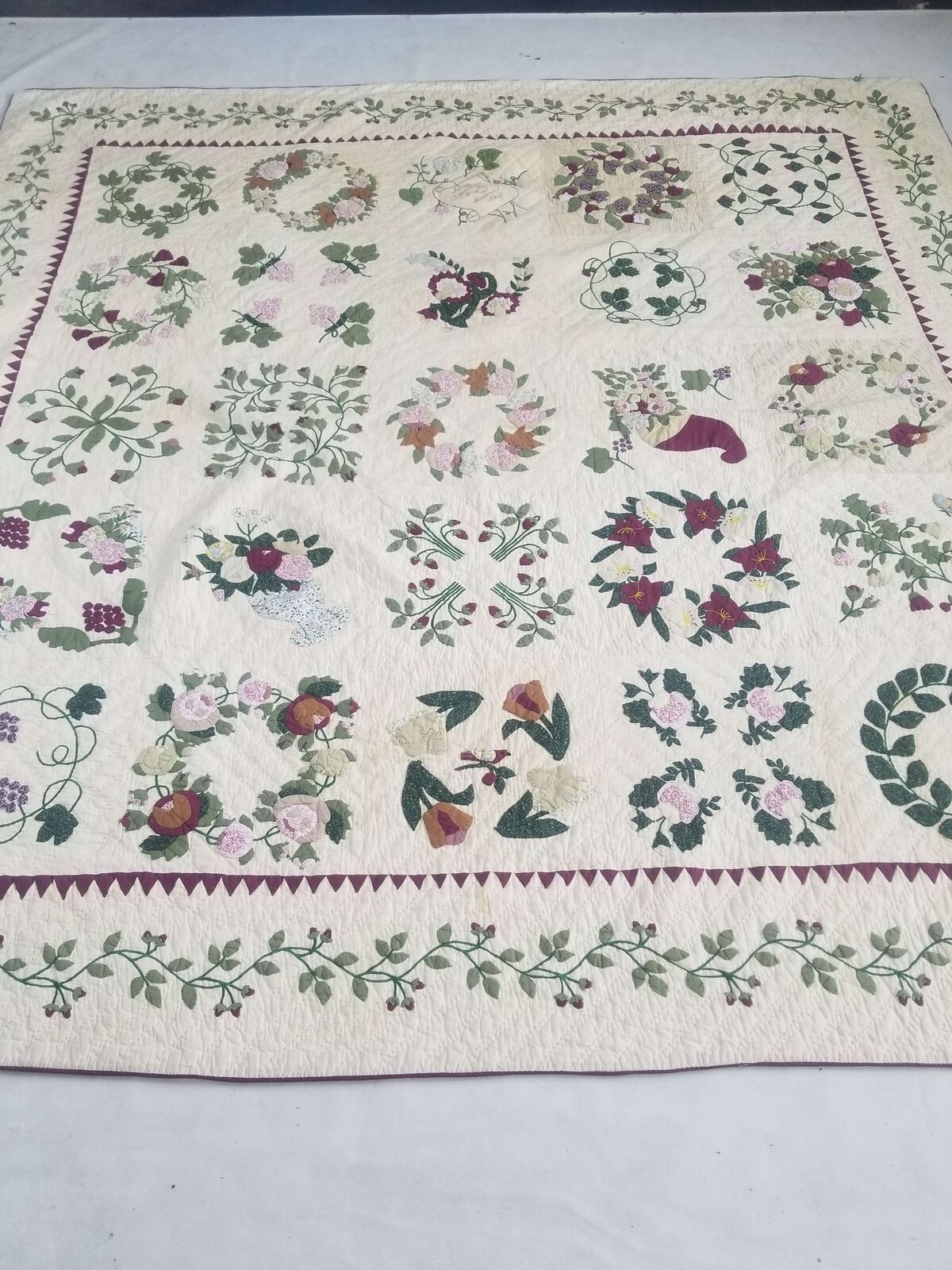 Vintage Feed Sack Beautiful Applique Work Beyond The Cherry Trees Quilt 90x87 in