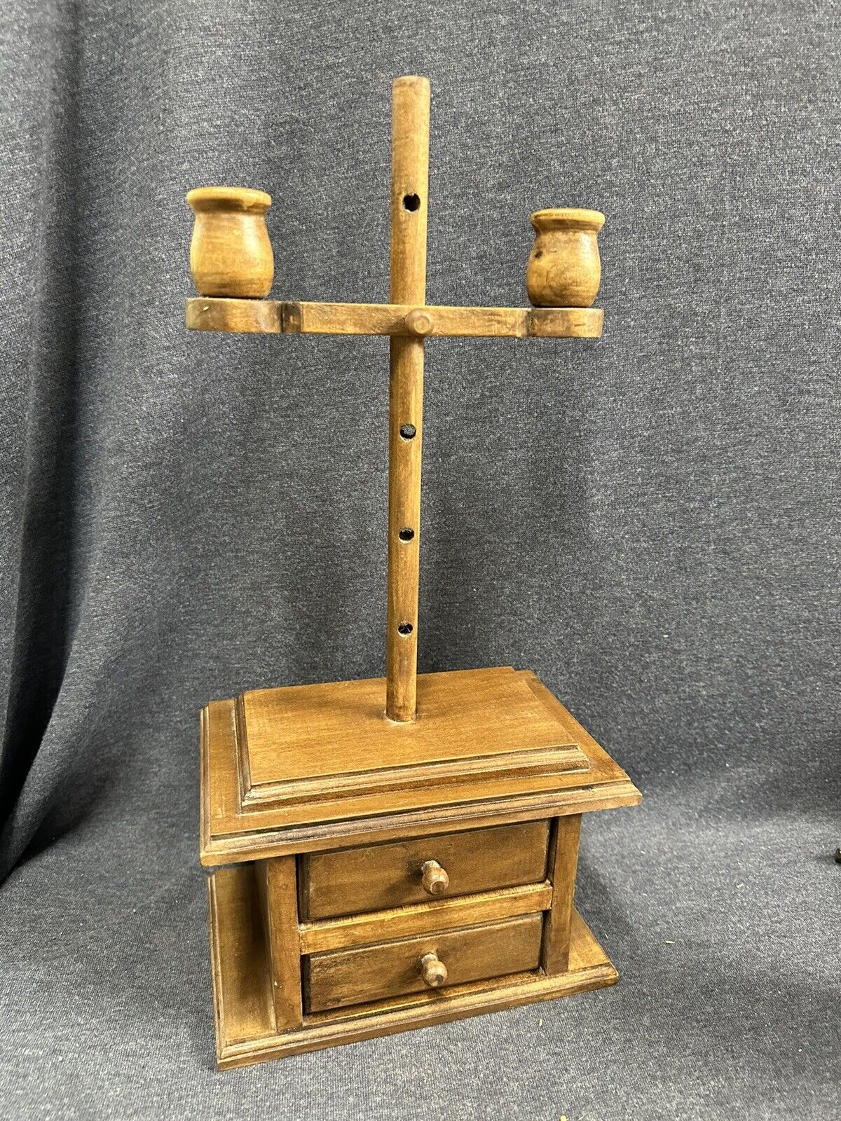 Vtg Colonial Style Wood Adjustable Dual Candle Holder With Two Drawers 17.5” T
