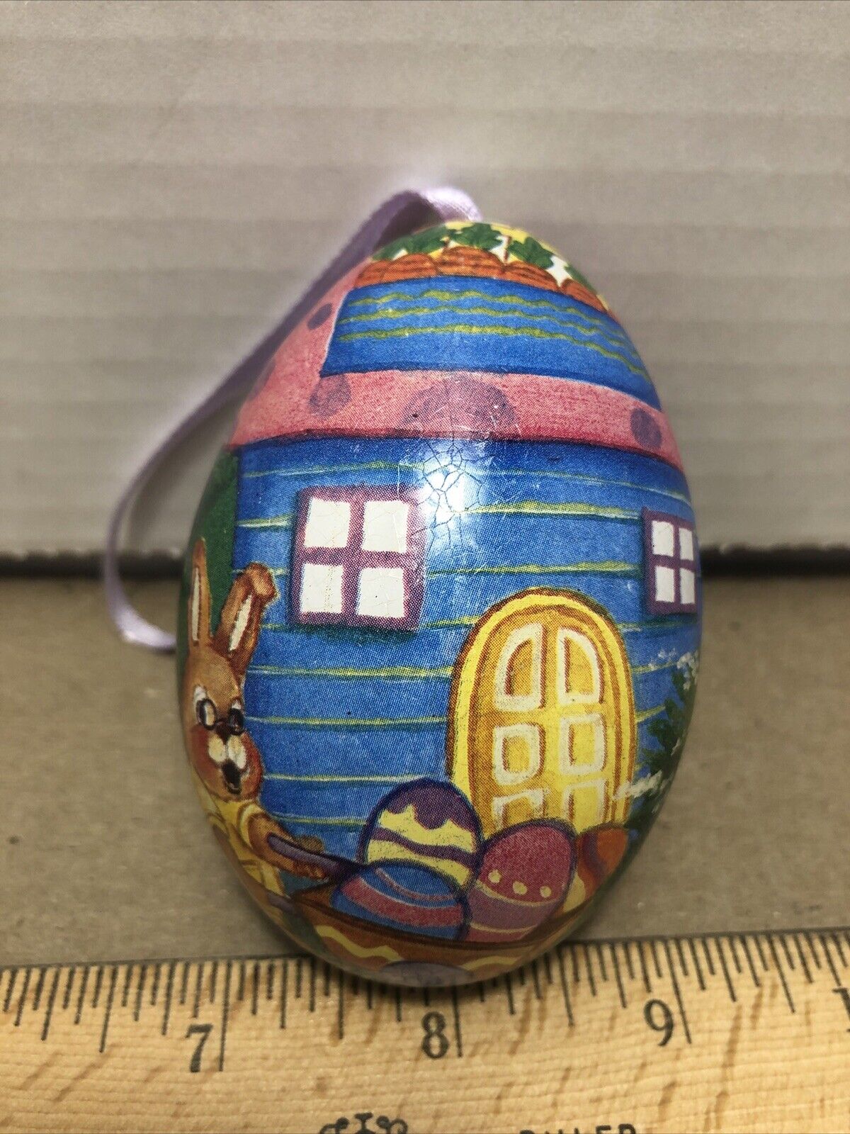 Vintage Easter Egg Ornament Candy Holder Opens Up Bright Easter Bunny Egg Design