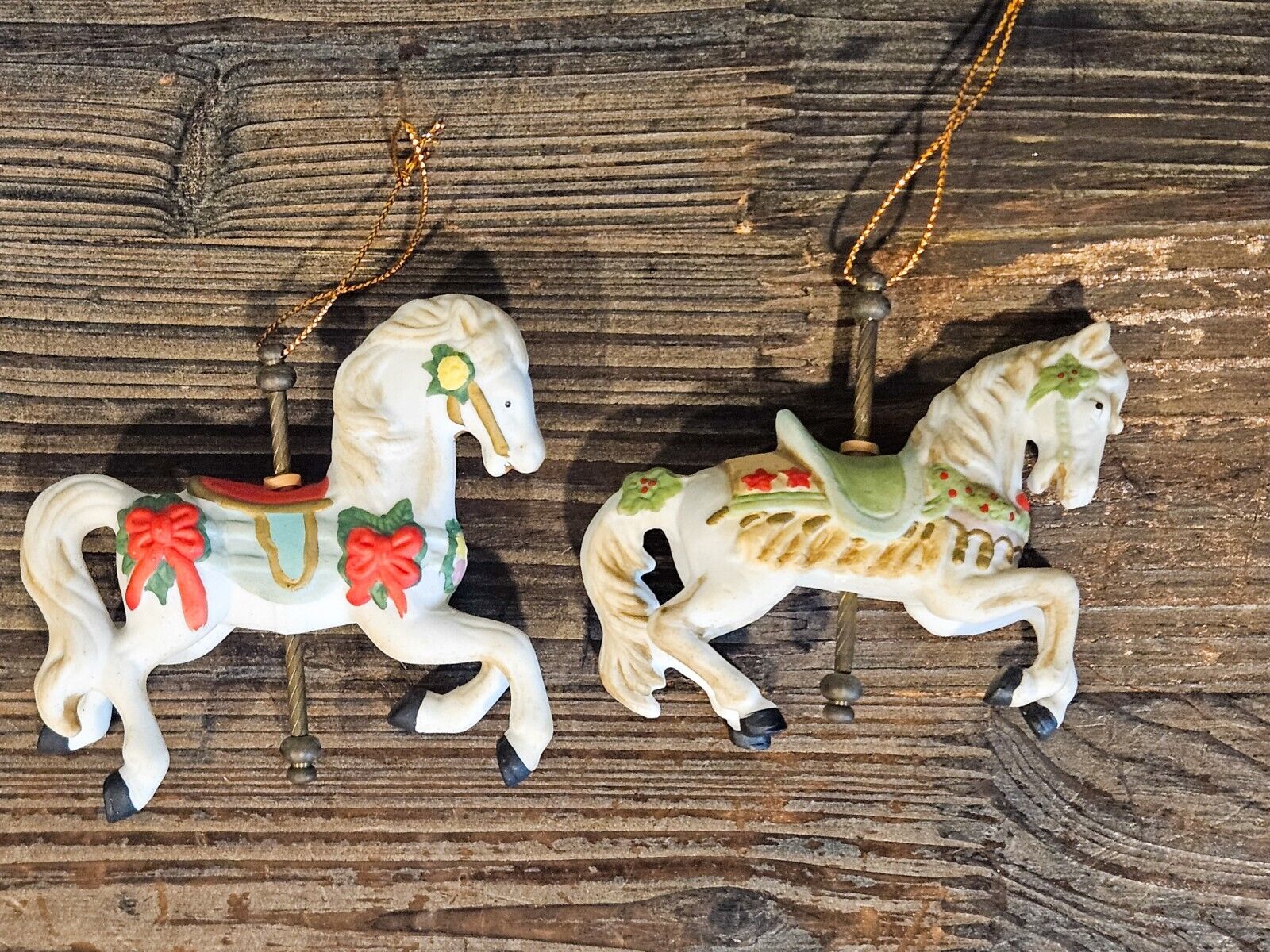 Vintage Set Of 2 Hand Painted Carousel Horse Christmas Ornaments